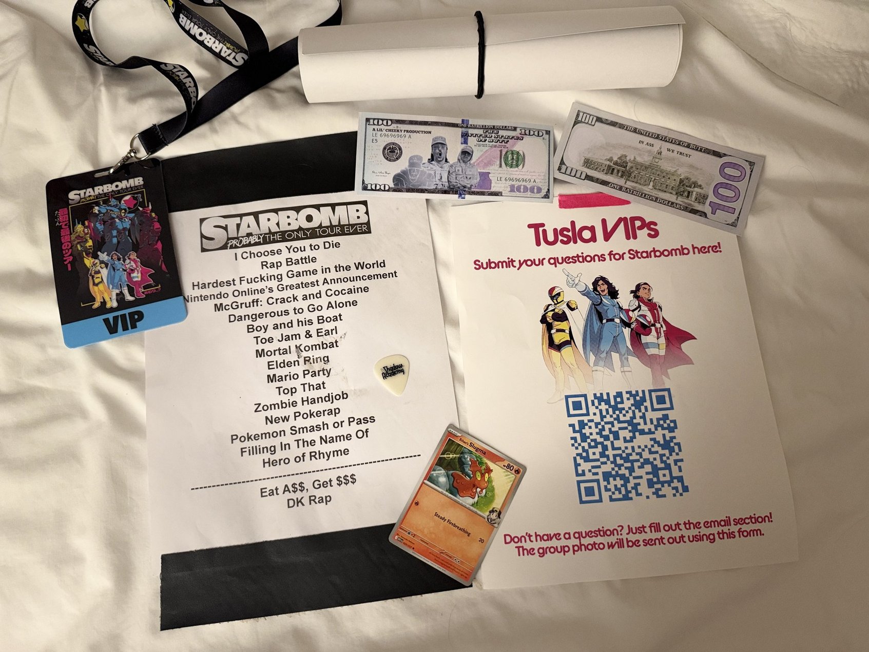 Our legendary haul from the night, setlist, guitar pick, and more.